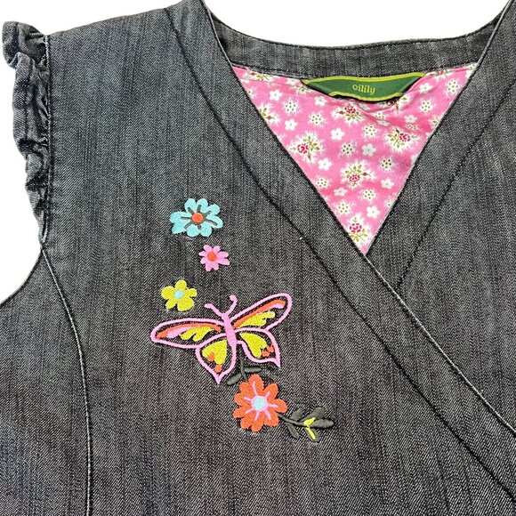 Oilily Girls 9-10 Denim Dress Floral Embroidery Butterfly Pink Accents Pleated S - Picture 3 of 13